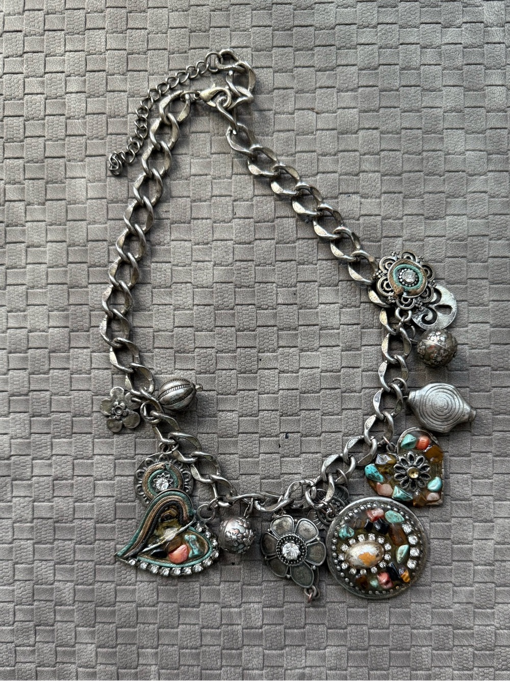 Vintage Silver-Tone Multi Charm Heart Necklace with Turquoise & Coral Accents